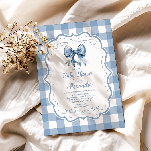 Schattige Blue Bow Ribbon Gingham Baby shower Kaart