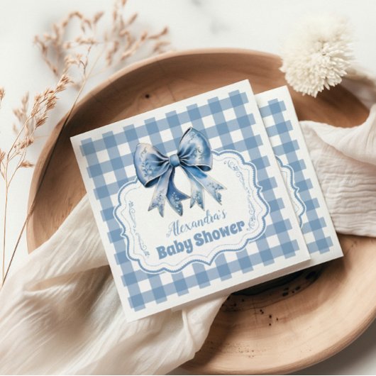 Schattige Blue Bow Ribbon Gingham Baby shower Servet
