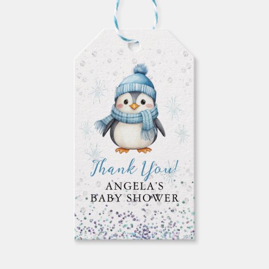 Schattige Blue Boy Penguin Winter Baby shower Cadeaulabel (Voorkant)