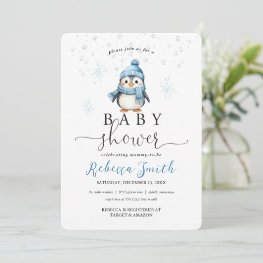 Schattige Blue Boy Penguin Winter Baby shower Kaart (Staand voorkant)