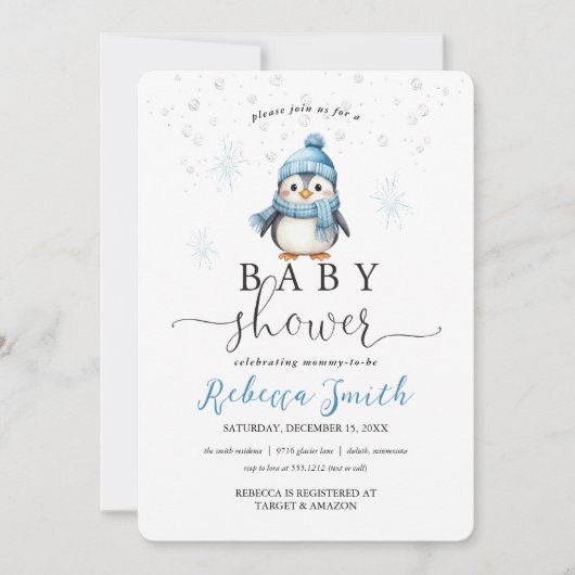 Schattige Blue Boy Penguin Winter Baby shower Kaart (Voorkant)