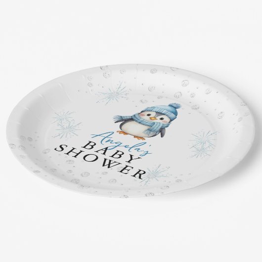 Schattige Blue Boy Penguin Winter Baby shower Papieren Bordje (Gekanteld)