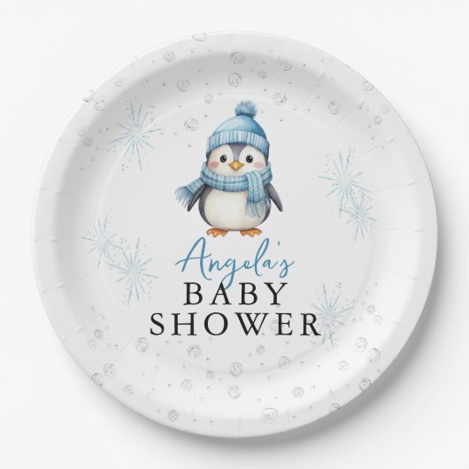 Schattige Blue Boy Penguin Winter Baby shower Papieren Bordje (Voorkant)