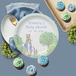 Schattige Blue Bunny Rabbit Gingham Baby shower Papieren Bordje<br><div class="desc">Schattige blauw Konijn in de tuin met groen en bloemetjes gedaan in zachte waterverven. Blauwe & groene gingham achtergrond. Zachte bomen en bloemen omringen deze zoete konijnengrafiek. Gewoon schattig.</div>