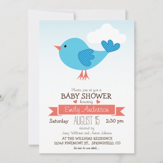 Schattige Blue & Coral Bird Baby shower of Sprinkl Kaart (Voorkant)
