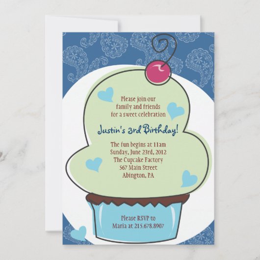 Schattige Blue Cupcake Birthday Invitation Kaart (Voorkant)