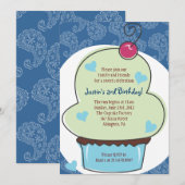 Schattige Blue Cupcake Birthday Invitation Kaart (Voorkant / Achterkant)
