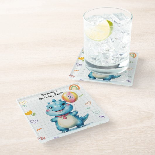 Schattige Blue Dinosaur Balloon Boy verjaardagsfee Glazen Onderzetter (Schuin)