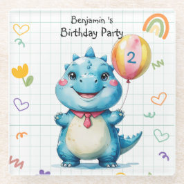 Schattige Blue Dinosaur Balloon Boy verjaardagsfee Glazen Onderzetter