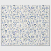 Schattige Blue Doodle Christmas Wrapping Paper Cadeaupapier (Vlak)