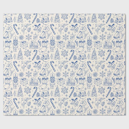 Schattige Blue Doodle Christmas Wrapping Paper Cadeaupapier (Vlak)