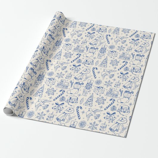 Schattige Blue Doodle Christmas Wrapping Paper Cadeaupapier (Uitgerold)