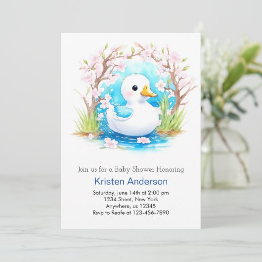 Schattige Blue Duck Wildflower Boy Baby shower Kaart (Staand voorkant)