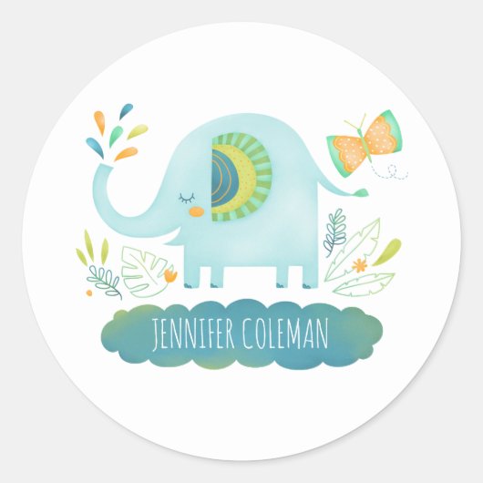 Schattige Blue Elephant Baby shower Ronde Sticker (Voorkant)