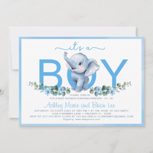 Schattige Blue Elephant Baby shower Uitnodiging –  (Voorkant)