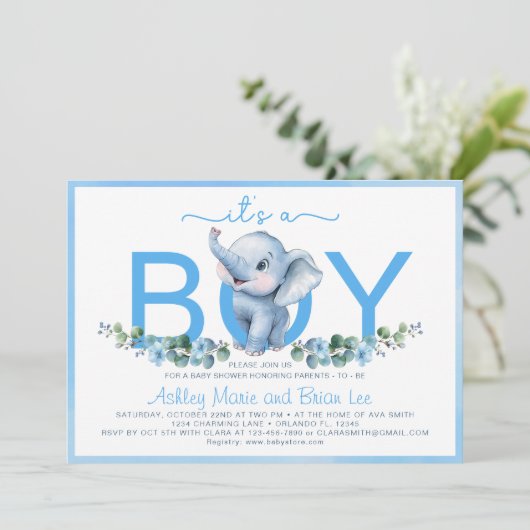 Schattige Blue Elephant Baby shower Uitnodiging –  (Staand voorkant)