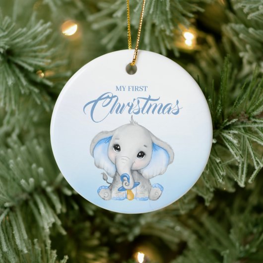 Schattige Blue Elephant Baby's Eerste Kerstmis Keramisch Ornament (Boom)