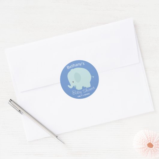 Schattige Blue Elephant Boy Baby shower Custom Ronde Sticker (Envelop)