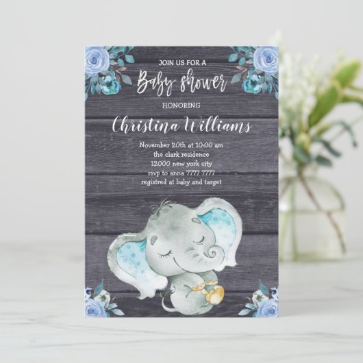 Schattige Blue Elephant Rustic Boy Baby shower Kaart (Staand voorkant)