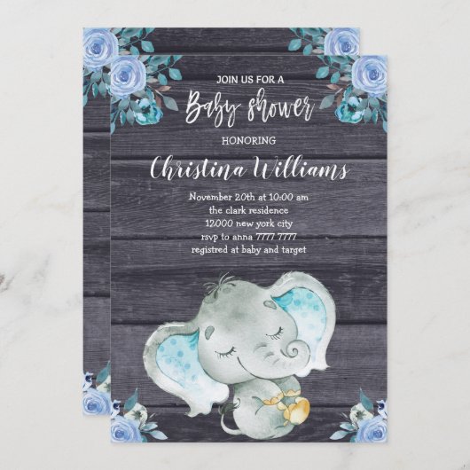Schattige Blue Elephant Rustic Boy Baby shower Kaart (Voorkant / Achterkant)