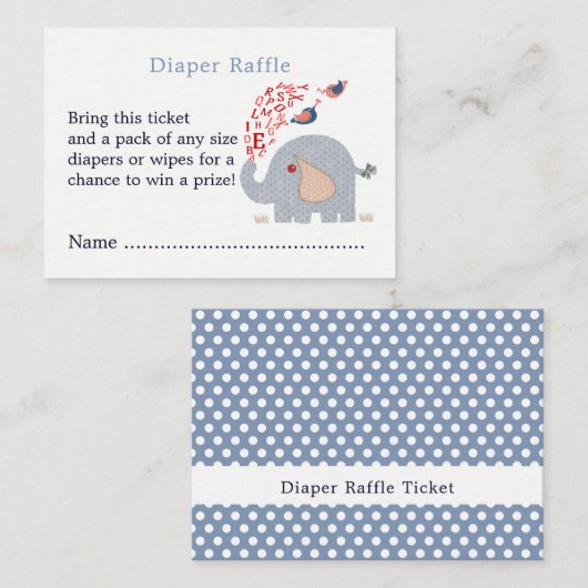 Schattige Blue Elephant Shower Luier Raffle Ticket Informatiekaartje (Voorkant / Achterkant)