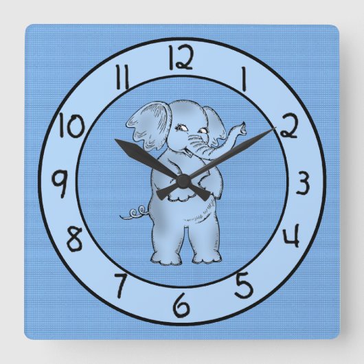 Schattige Blue Elephant Wall Clock voor jongens Vierkante Klok (Voorkant)
