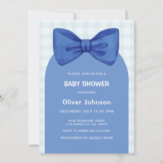 Schattige Blue Gingham Plaid Arch Bow Boy Baby sho Kaart (Voorkant)