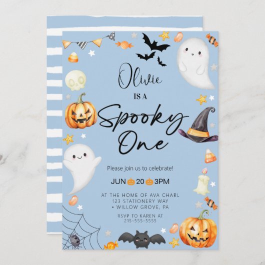 Schattige Blue Halloween Ghost 1st Boy Verjaardag Kaart (Voorkant / Achterkant)