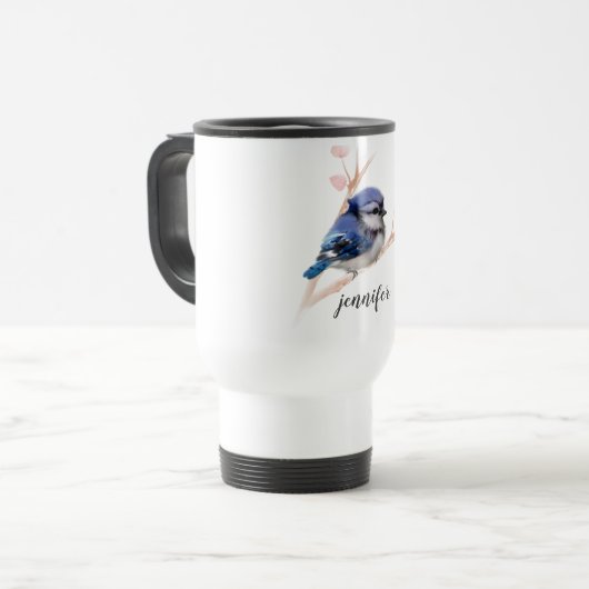 Schattige Blue Jay Vogel Gepersonaliseerde Reismok Reisbeker (Voorkant links)