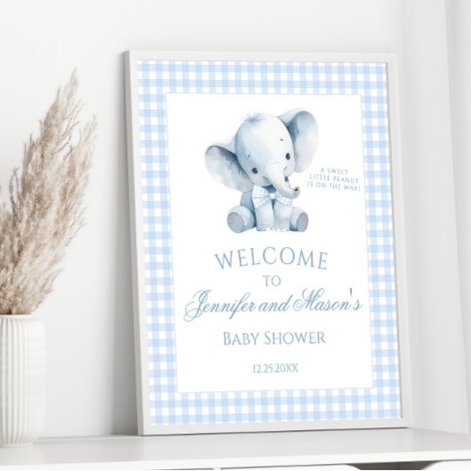 Schattige Blue Little Elephant Gingham Baby Boy Sh Poster