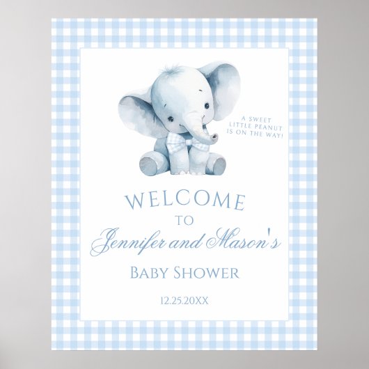 Schattige Blue Little Elephant Gingham Baby Boy Sh Poster (Voorkant)