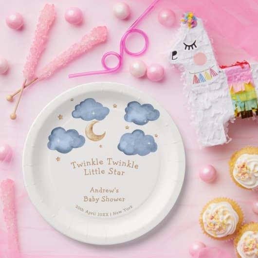 Schattige Blue Moon Stars Twinkle Twinkle Baby sho Papieren Bordje (Feest)