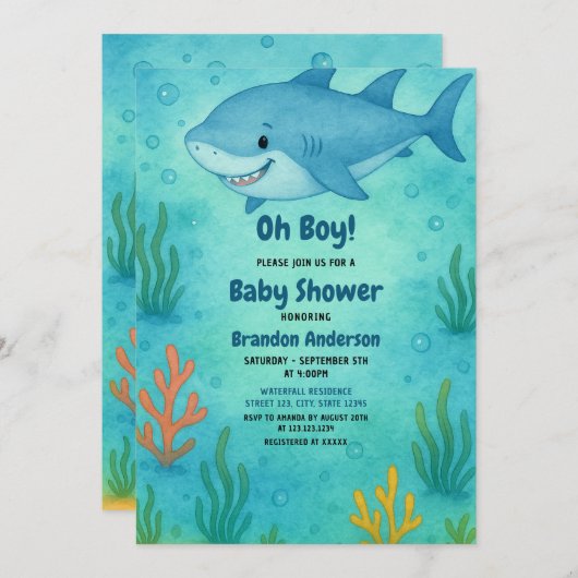 Schattige Blue Ocean Shark Boy Baby shower Kaart (Voorkant / Achterkant)