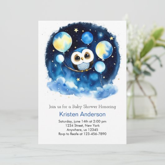 Schattige Blue Owl Balloons Jongen Baby shower Kaart (Staand voorkant)