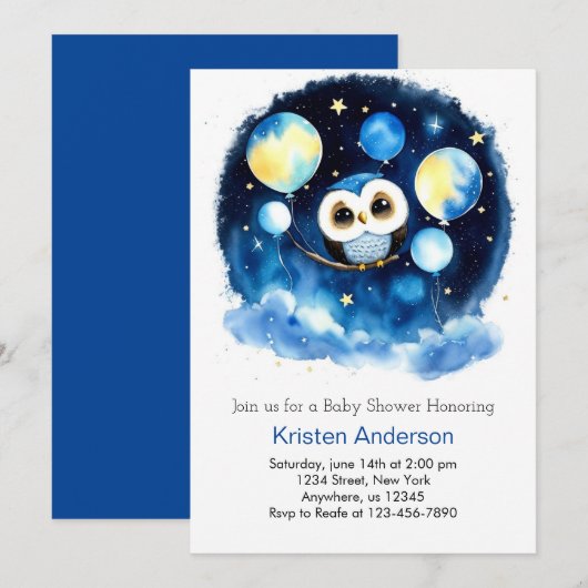 Schattige Blue Owl Balloons Jongen Baby shower Kaart (Voorkant / Achterkant)
