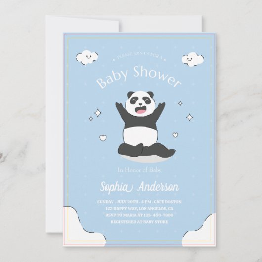 Schattige Blue Panda Baby shower – Bewerkbaar Baby Kaart (Voorkant)
