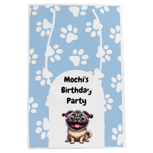 Schattige Blue Pet Pug verjaardagsfeestje Medium Cadeauzakje (Voorkant)