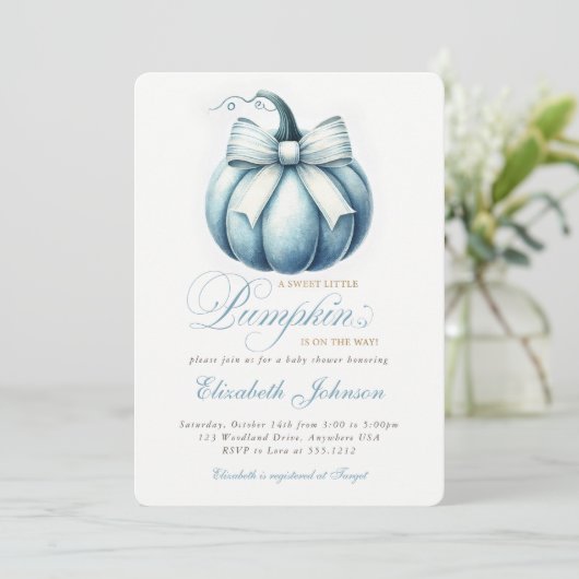 Schattige Blue Pumpkin Baby shower Uitnodiging (Staand voorkant)