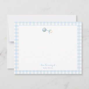 Schattige Blue rammelaar met Gingham Border Baby b Bedankkaart