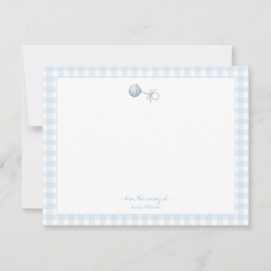 Schattige Blue rammelaar met Gingham Border Baby b Bedankkaart (Voorkant)