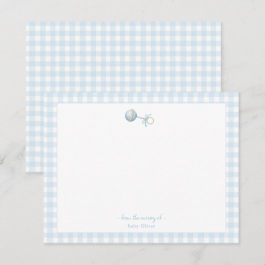 Schattige Blue rammelaar met Gingham Border Baby b Bedankkaart (Voorkant / Achterkant)