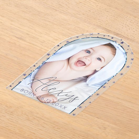 Schattige Blue Stars Foto Baby Boy Geboorteaankond Acryl Uitnodigingen (Laagn)