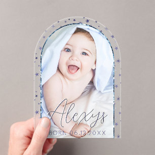 Schattige Blue Stars Foto Baby Boy Geboorteaankond Acryl Uitnodigingen