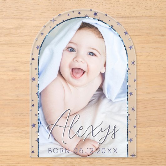 Schattige Blue Stars Foto Baby Boy Geboorteaankond Acryl Uitnodigingen (Voorkant)