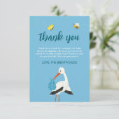 Schattige Blue Stork Baby shower Bedankkaart (Staand voorkant)
