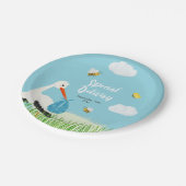 Schattige Blue Stork Baby shower Papieren Bordje (Gekanteld)