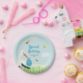 Schattige Blue Stork Baby shower Papieren Bordje (Feest)