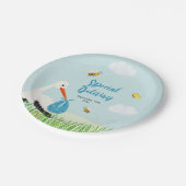 Schattige Blue Stork Baby shower Papieren Bordje (Gekanteld)