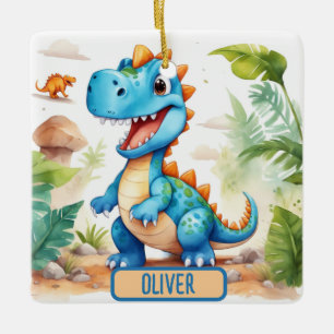 Schattige Blue Trex Dinosaur gepersonaliseerd Keramisch Ornament