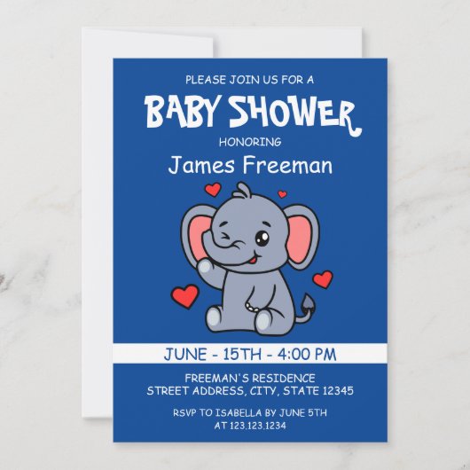 Schattige Blue Vector Boy Elephant Baby shower Kaart (Voorkant)